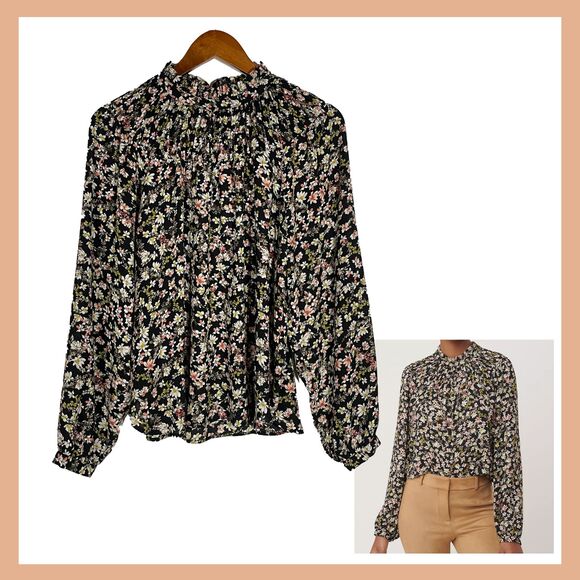 Ann Taylor LOFT Black Floral Ruffle Blouse Size Small Shirred Boho Romantic Top - Picture 1 of 14